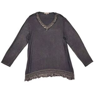 Indigo Soul Women's Top Size L Gray Fringe Trim Long Sleeve Knit Stretch Tunic